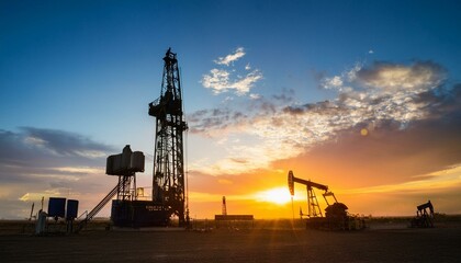 Obraz premium The oil fields awaken under the fading light of day, with the rig standing proud and steadfast—a symbol of human ingenuity, framed by the breathtaking splendor of the evening's fleeting colors.
