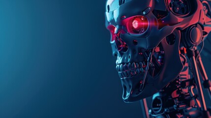 Obraz premium Evil cyborg with skull with red hologram eyes, AI generated image