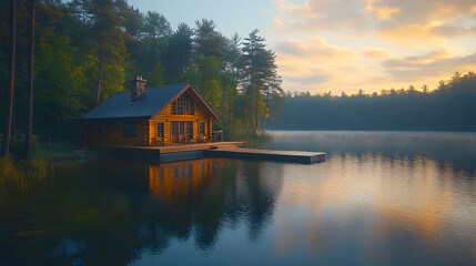 Fototapeta premium Sunrise over tranquil lake with wooden cabin.
