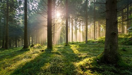 Obraz premium 朝の光が差し込み、霧が立ち込める深い森