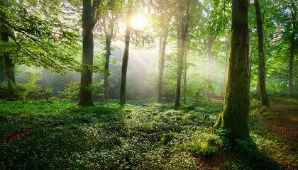 Obraz premium 朝の光が差し込み、霧が立ち込める深い森