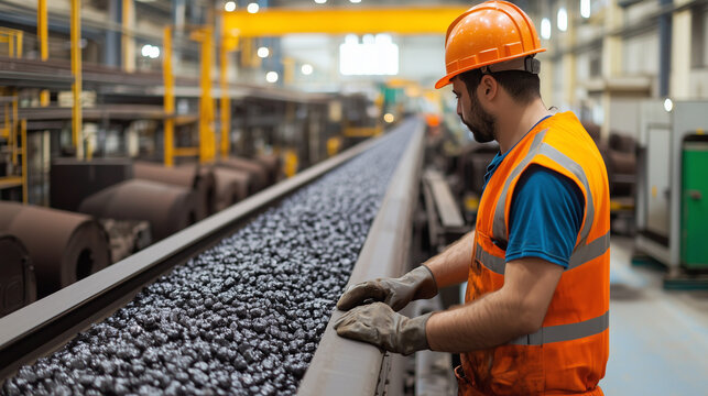 Industrial Worker Inspecting Conveyor Belt: A focused industrial worker in a safety vest and hard hat carefully inspects a conveyor belt filled with materials.