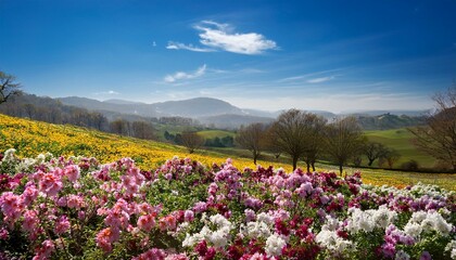 ピンク、黄色、白の花が広がる春の花畑