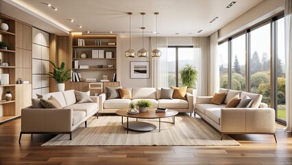 Minimalist Contemporary Living Room Design with Beige and White Furniture in Daylight - Fresh and Clean Mock-Up Interior for Modern Home Aesthetics