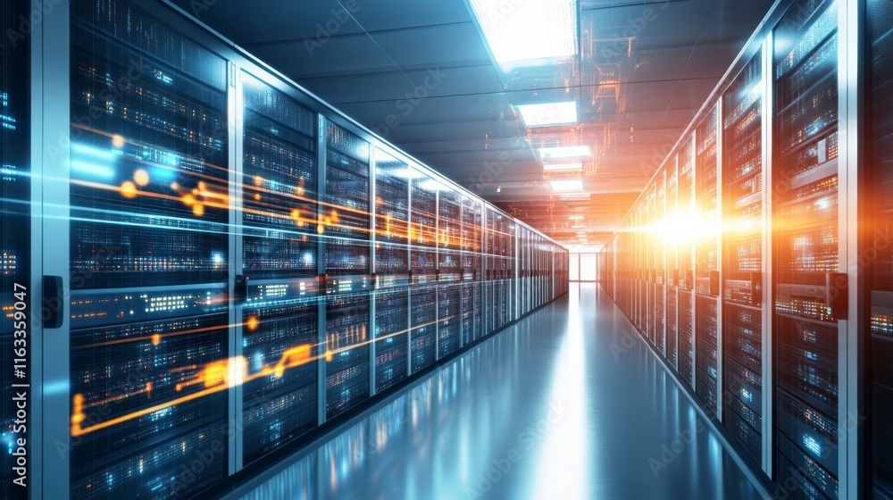 Poster modern data center with real-time analytics displayed