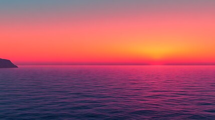 Serene Sunset Over Calm Ocean Waves and Distant Cliff