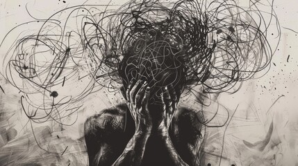 Man Overwhelmed by Thoughts in a Black and White Sketch