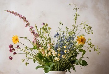 Obraz premium A still life of colorful flowers in a vase against a draped background