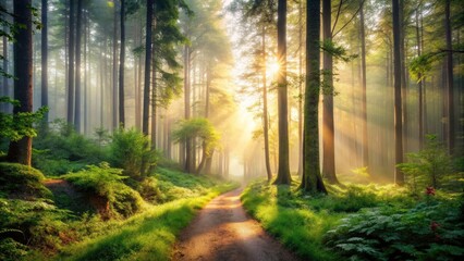 Misty Morning in the Forest - Enchanting Landscape, Nature Photography, Foggy Trees, Tranquil Scenery, Serene Atmosphere, Early Morning Light, Woodland Beauty, Peaceful Environment, Forest Pathways