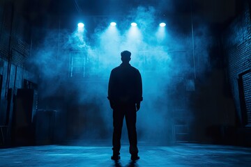 Obraz premium Silhouetted Figure Stands Center Stage In Blue Light