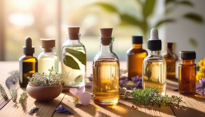 木製のテーブルの上に並べられた、ガラスのスキンケアボトル