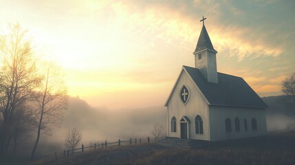 Fototapeta premium Serene Church at Sunrise: A Peaceful Countryside Landscape