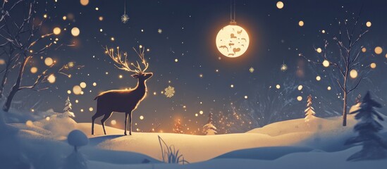 Majestic deer in a snowy winter wonderland under a glowing moon.