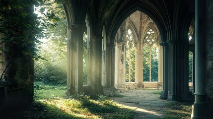 Fototapeta premium Sunlit Gothic Ruins: An Enigmatic Architectural Journey