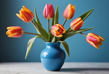 Obraz premium A bouquet of pink and purple tulips in a blue vase on a white table