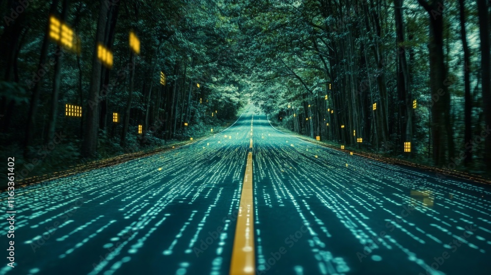 Fototapete digital data flow on road with motion blur to create vision of fast speed transfer . concept of futu
