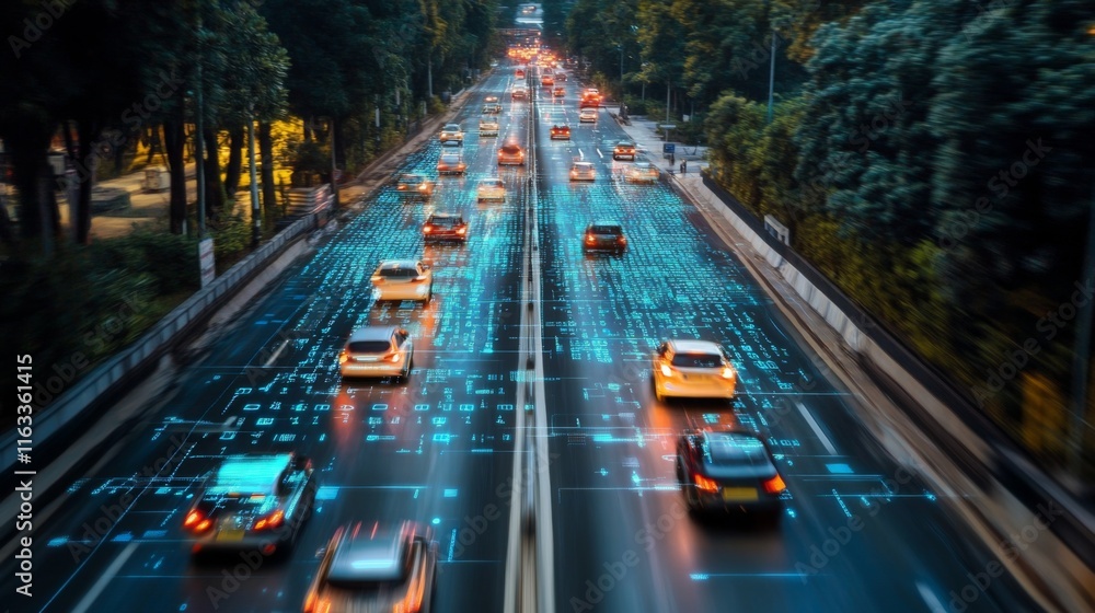 Fototapete digital data flow on road with motion blur to create vision of fast speed transfer . concept of futu