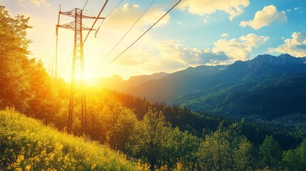 Scenic Mountain Sunset with Infrastructure Elements