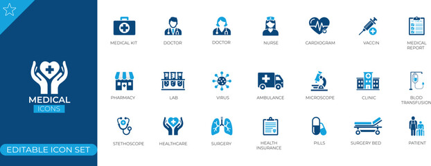 Medical Care Icon Set: A comprehensive collection of essential healthcare icons, including doctors, hospitals, and medicines. Ideal for medical websites and apps, these editable vector graphics offer 