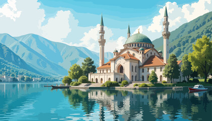 Naklejka premium Vector image of an Asian style mosque on the edge of a lake with green hills in the background.