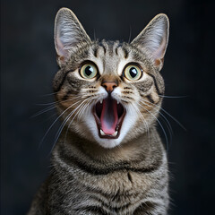 Obraz premium Shocked cat with his mouth open, surprised, puzzled, funny, crazy for business poster with copy space