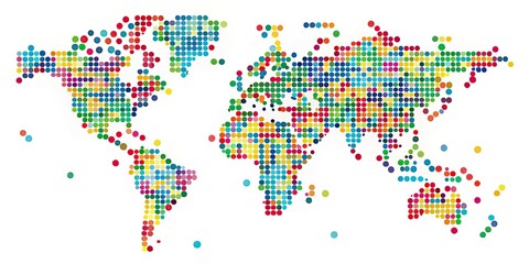 Obraz premium Polka Dot World Map on White Background with Pathways - Panoramic View of Global Landmarks and Travel Routes
