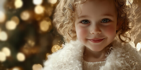 Fototapeta premium A portrait of an adorable little girl with curly hair, wearing a white fur coat and smiling at the camera, generative AI
