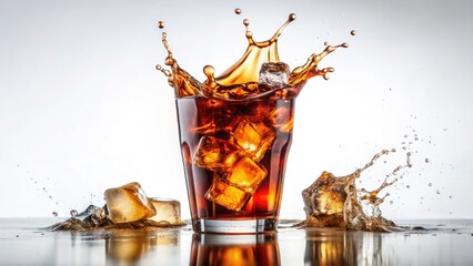 Refreshing Cold Cola Drink with Ice Cubes Splashing, Long Exposure Photography, Beverage Photography, Refreshment, Summer Drink, Carbonated Beverage, Ice Cold Drink, High-Speed Action.