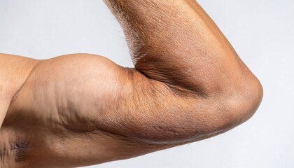 close-up macro of wrinkled and textured human elbow showing skin folds and dryness details on isolated white background
