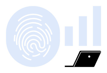 Fingerprint inside a blue circle next to a laptop and three ascending bar graphs. Ideal for security, biometrics, technology, data analysis, authentication, innovation, and growth. Abstract line flat