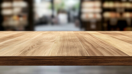 Empty wooden table with blurred supermarket background. Concept for displaying products.