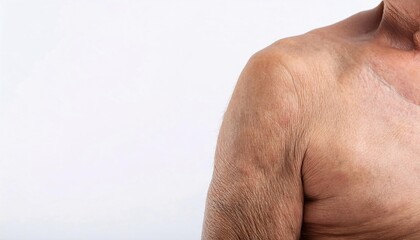 Naklejka premium close-up of aged inner arm with visible wrinkles, sagging skin, and uneven texture showing signs of aging on isolated white background 