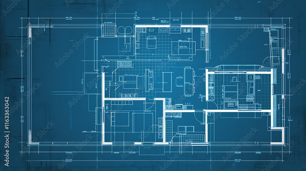 Poster overhead shot of a very detailed house blueprint, house plan with all elements present abstract tech