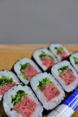 Negitoro makizushi (rolled sushi) purchased at a supermarket in Tokyo, Japan