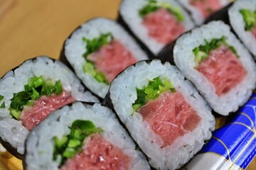 Negitoro makizushi (rolled sushi) purchased at a supermarket in Tokyo, Japan