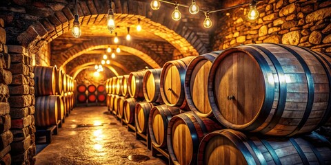 Rustic Wine Cellar with Stone Walls and Wooden Barrels - Perfect for Wine Lovers, Interior Design Inspiration, Vintage Decor, and Cozy Atmosphere