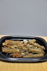 Burdock kinpira (sautéed and simmered root vegetables) purchased at a supermarket in Tokyo, Japan