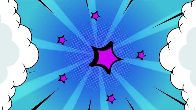 dynamic shapes and stars combined with a comic explosion on a vibrant abstract background seamless 4k video background motion pop art design