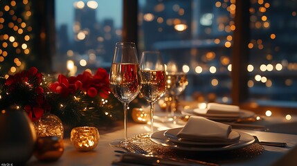 Elegant dinner celebration with wine city view festive ambiance