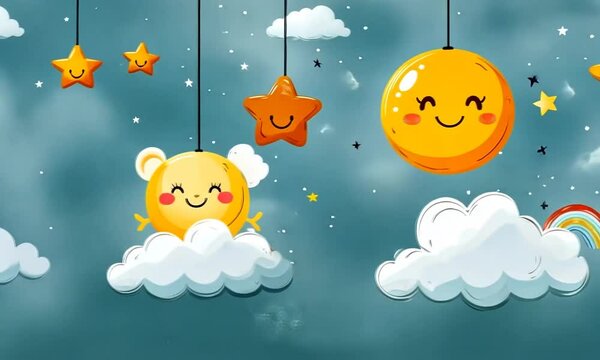 Adorable Night Sky Mobile:  Sweet Dreams Cartoon Sun, Moon, Stars, and Clouds Nursery Decor