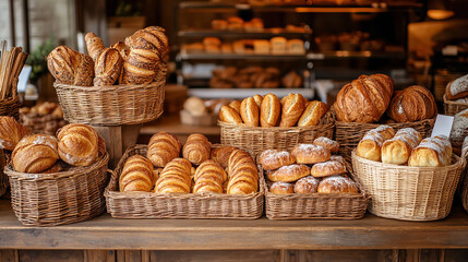 Freshly baked croissants in a bakery display.