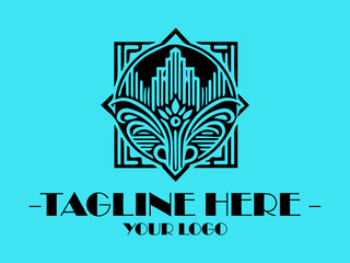 Art deco black winged emblem on light blue background, ideal for digital design projects, logo creation, websites, and branding materials