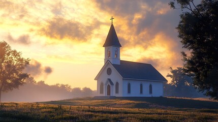 Fototapeta premium Sunrise at the Country Church: A Peaceful Landscape