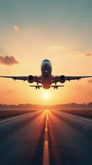 Fototapeta premium Commercial Airplane Taking Off on a Scenic Runway During Sunrise