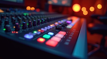 Naklejka premium Close-Up View of Professional Audio Mixing Console in a Dimly Lit Studio