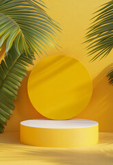  A bright setup ideal for product presentation, branding, and Vibrant yellow display platform surrounded by lush tropical plants in pots.