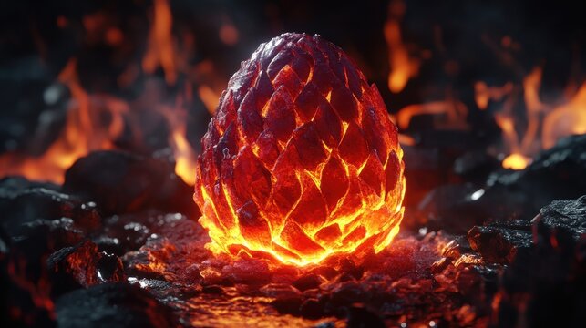 Glowing dragon egg in fiery embers.