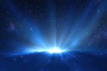 Starry night sky with radiant light rays on blue  blurred background