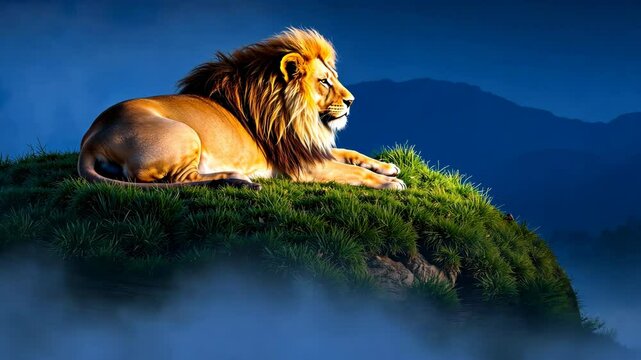 Majestic lion resting on a hilltop under a clear blue sky during sunset
