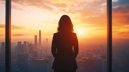 Businesswoman standing in a highrise office, gazing out at the city skyline at sunrise, exuding determination, anticipation, expectation, ambition
